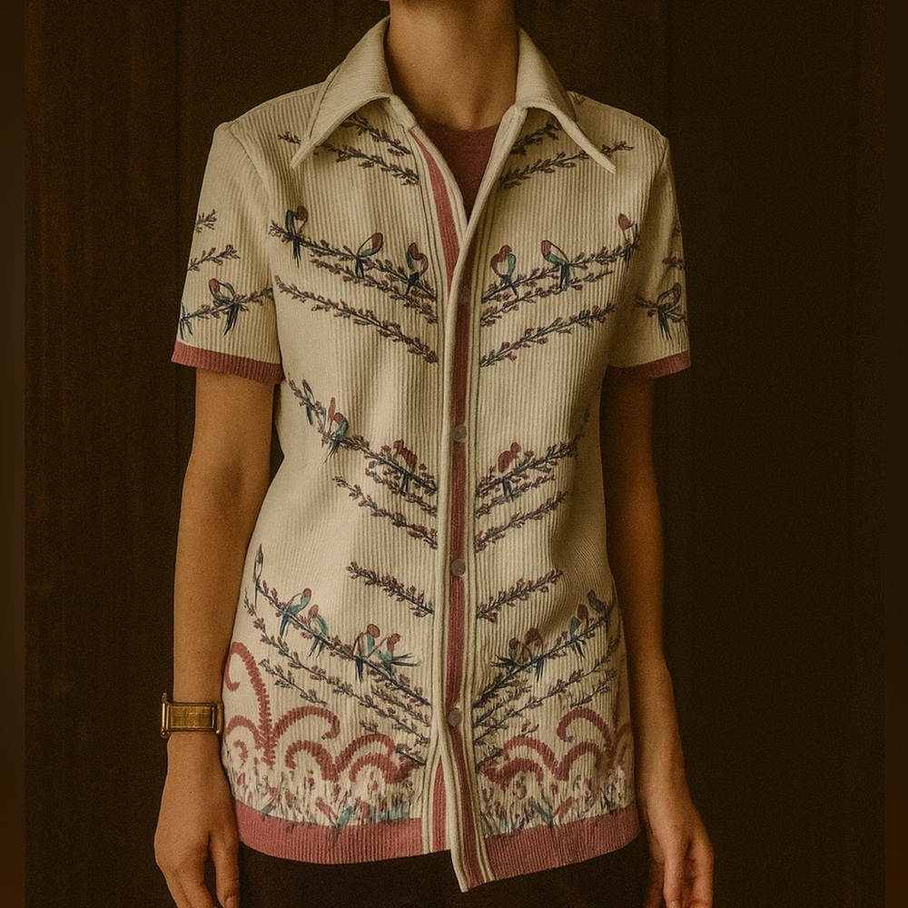 Vintage JCPenney Cream Floral Birds Big Collar Button Down Short Sleeve Blouse